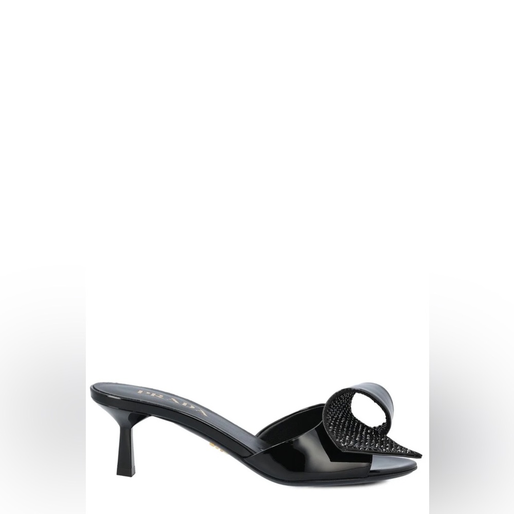Prada Black Patent Leather Embellished Stilleto Sandals Heels Mules